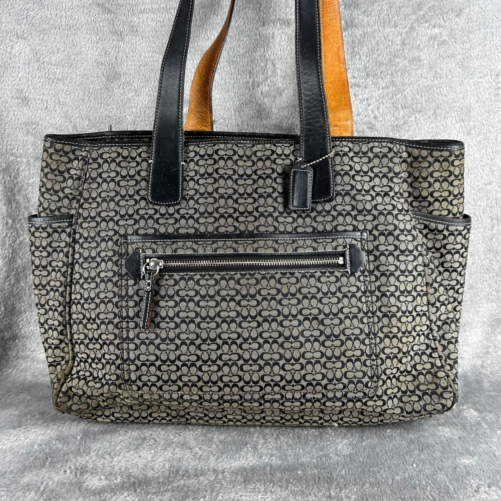 Coach Signature Diaper Bag Black Gray Canvas Leather Tote H04K-5707